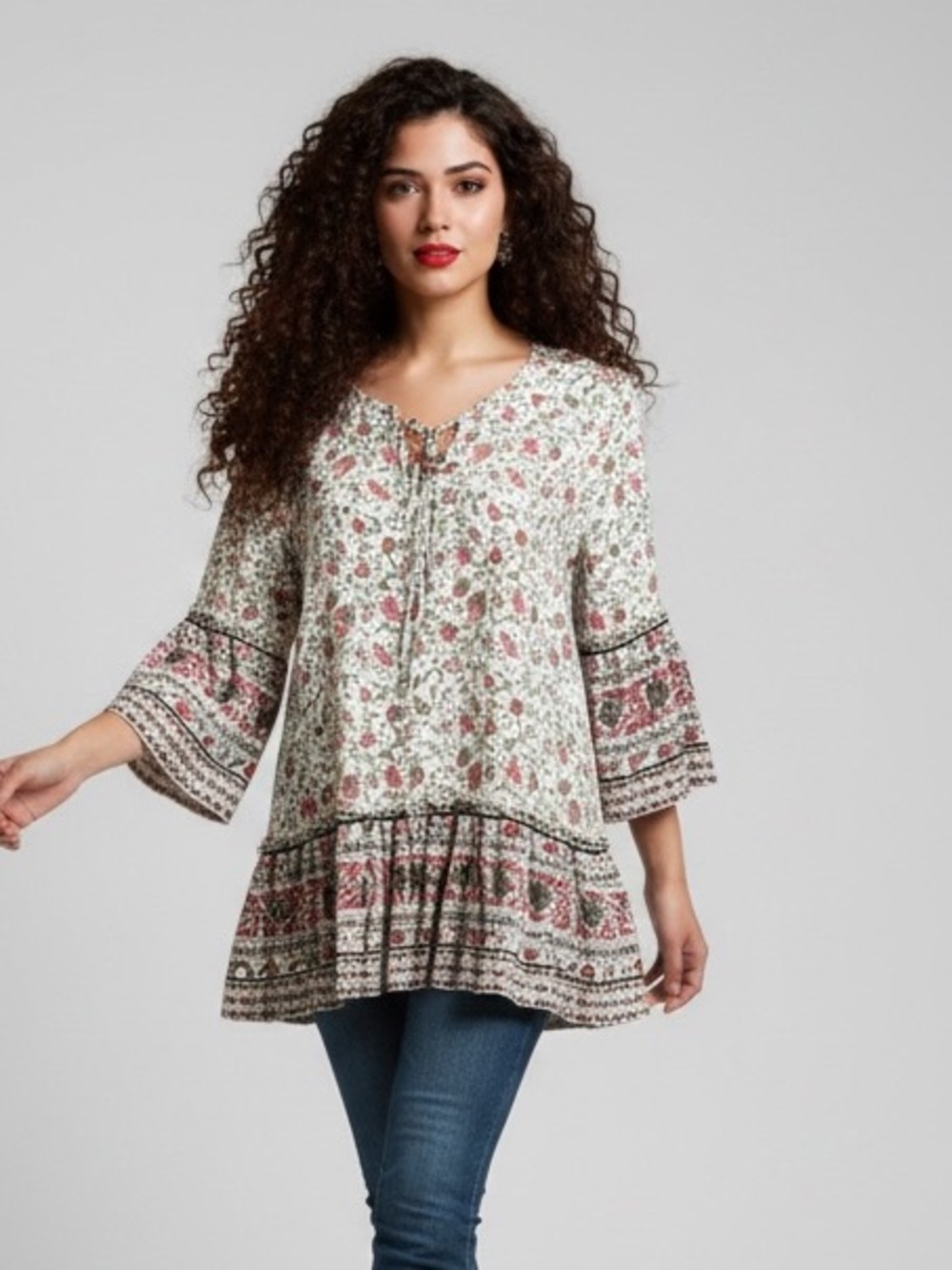 Boho Floral Border Print Top | Oversized Rayon Blend | Size M